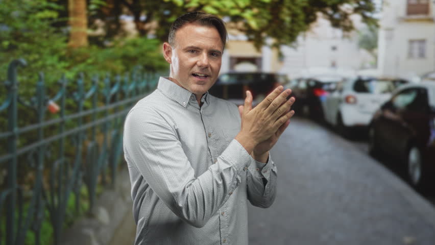 Man with hands clasped in a prayer gesture on a street with parked cars and iron fence, wearing a button shirt facing camera; contemplation calm.