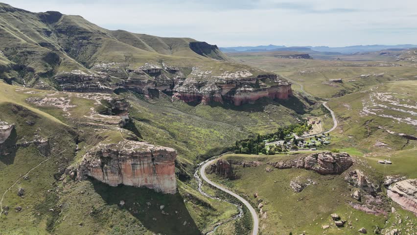 Vast Aerial Perspective Of Scenic Highlands. Remote South African Hills With Winding River And Cliffs