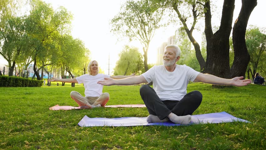 couple of elderly seniors practice yoga on mats in the park, gray-haired pensioners exercise outdoors and actively relax in the summer