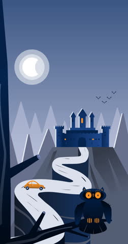 Night scene with owl watching winding road. Car drives toward castle under moonlight. Mountains stand tall behind dark fortress. Owl