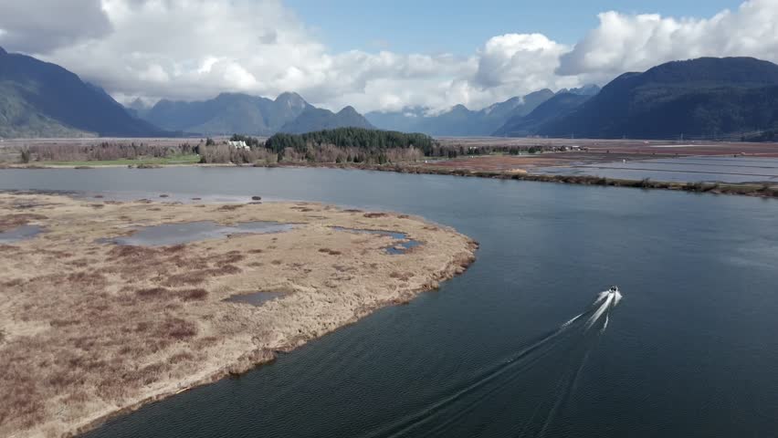A Breathtaking View Captures the Serene Beauty of Pitt River, Located in Greater Vancouver, British Columbia, Canada - Orbit Drone Shot