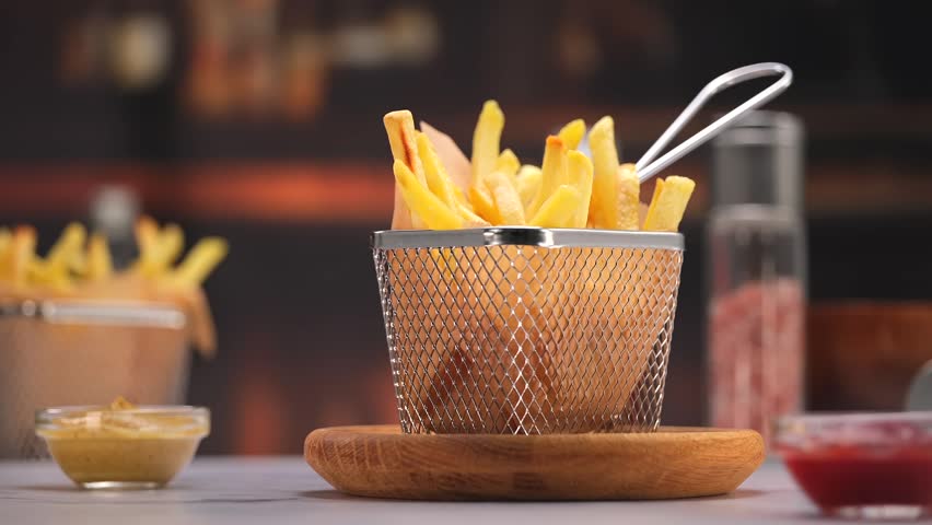 Crispy french fries in metal basket with steam rising in cozy kitchen