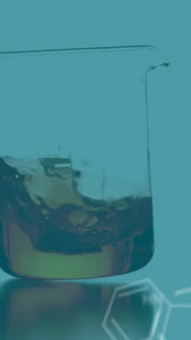 On code appearing, glass beaker showing wave climbing wall, marker rising, showing volume rise. Flask, liquid, scale, hexagon, molecule, overlay, vertical video