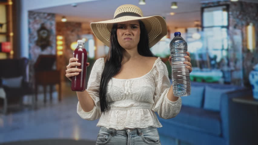 Woman holding juice bottle and water bottle, grimacing and comparing drinks inside building; indecision thirst.