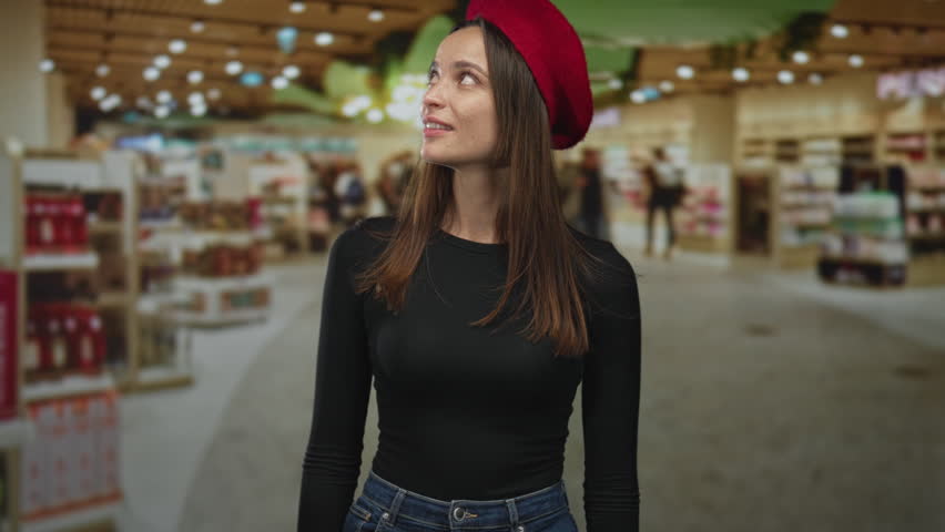 Woman glances up with a smirk, face visible, wearing a red beret and denim jeans in an airport terminal shop near shelves and displays; amused curiosity.