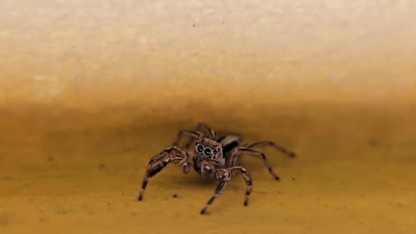 Cute Jumping Spider Moving Front View Macro Close Up in Natural Environment