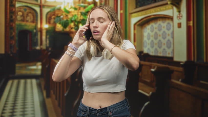 Woman holding phone to ear with hand pressing temple and exposed midriff in ornate church; anxiety urgency.