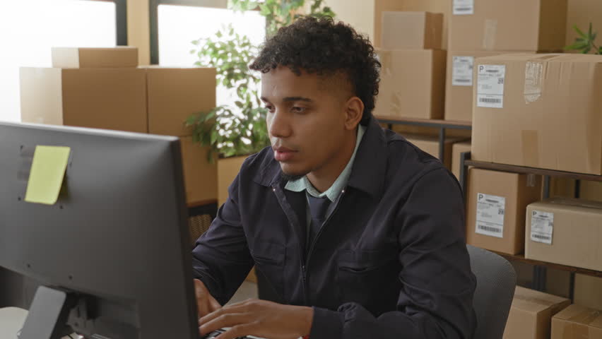 Young hispanic man at computer surrounded by parcel boxes, typing and finger to lips for silence in shipping building; concentration.