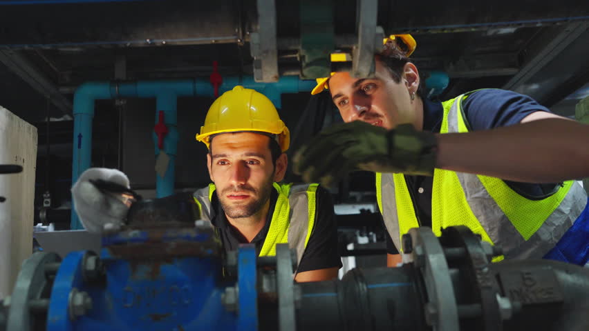 Two industrial technicians inspecting pipeline system using laptop in factory, engineers working together for maintenance and troubleshooting of mechanical equipment, industrial workflow and teamwork concept