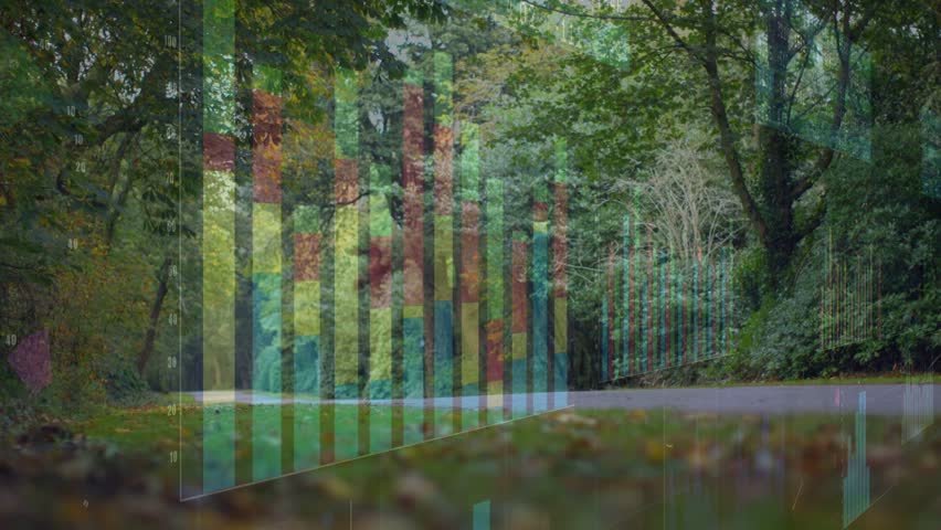 Entering from right edge, silver sedan traveling along country road, showing waveform overlay. Car, forest, lane, rural, autumn, overcast, leaves