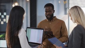 Center man leading finance talk after left woman presenting laptop, animated charts overlaying team. Collaboration, standup, office, analytics, metrics, dashboard, professional - Powered by Shutterstock - Get 15% off with code: PIKWIZARD15