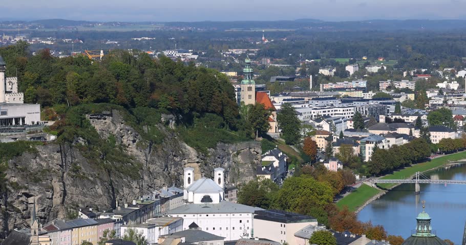 Scenic cityscape of Salzburg, Austria, featuring the old town architecture and Salzach river.