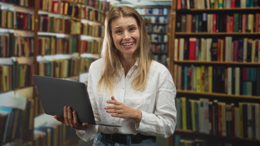 Woman holding a laptop and gesturing with an open hand while smiling amid rows of books in a library building; amused engagement.