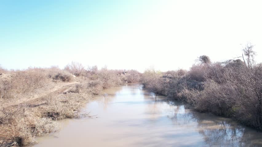 Low-altitude aerial drone flyover of a water canal surrounded by dense Tugay forest in Kyzylorda, Kazakhstan.