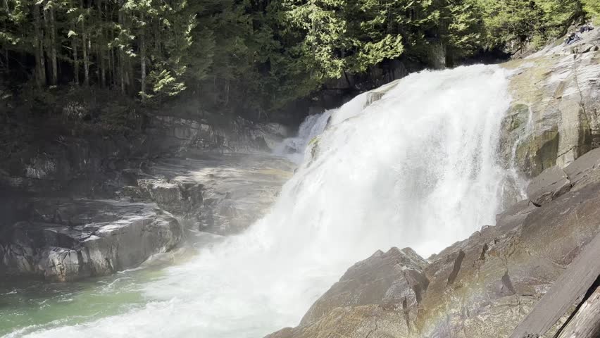 Powerful white water waterfall rushing over rocks in deep green forest. Scenic nature background of cascading river in mountain wilderness.