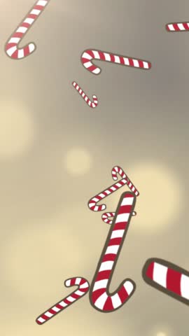 Animation of snow and christmas candy canes falling over spot lights in background. winter, christmas, tradition and celebration concept digitally generated video.