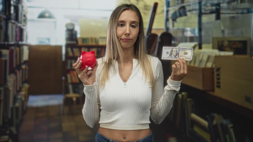 Woman holding red piggybank and hundred dollar banknote while standing in building with bookshelves visible; financial indecision.