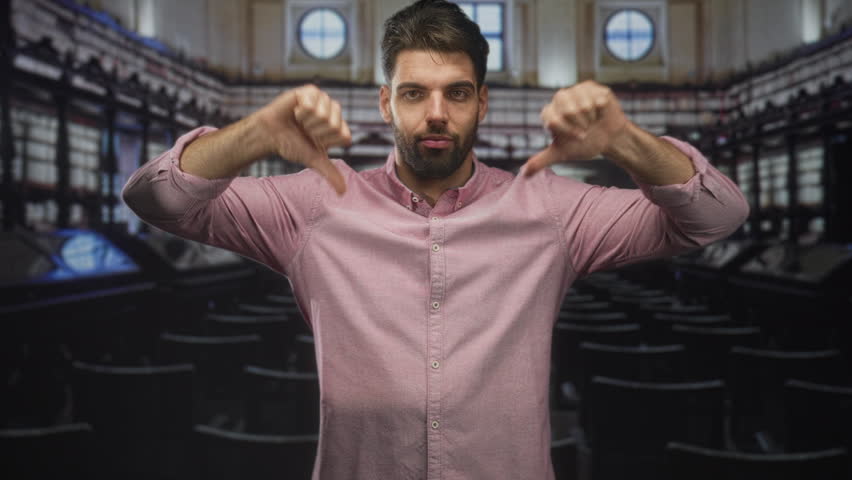 Man with beard and pink shirt showing double thumbs down gesture standing among empty auditorium seats in a historic assembly building; disapproval rejection.