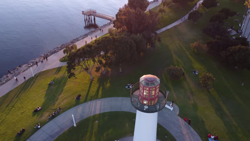 Lighthouse Downtown Long Beach, Los Angeles, California, 360 panorama. Looking down from above, birds eye view of circular spiral pattern with sidewalk path.