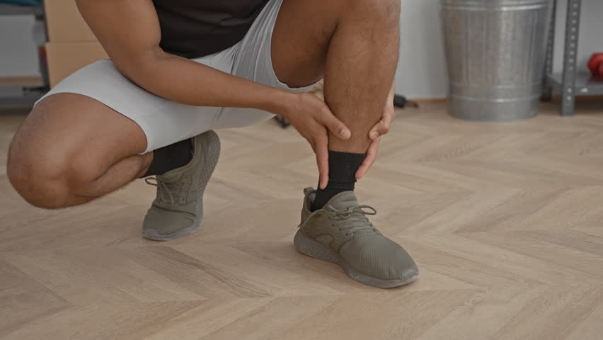 Man kneeling touches calf and ankle in studio, wearing white shorts and green sneakers while inspecting lower leg after workout; recovery focus.