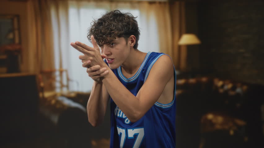 Boy in blue basketball jersey 77 points finger like gun with hands near face in studio set, tongue out and focused gaze; playful mischief.