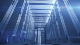 Central padlock icon appearing in data center aisle, forming network nodes and securing systems. Lock, security, servers, racks, overlay, grid, neon - Powered by Shutterstock - Get 15% off with code: PIKWIZARD15