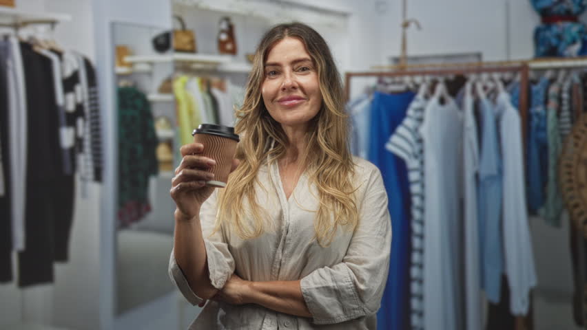 Woman holding coffee cup and folded arm in a boutique store building, smiling at camera; confidence leisure.