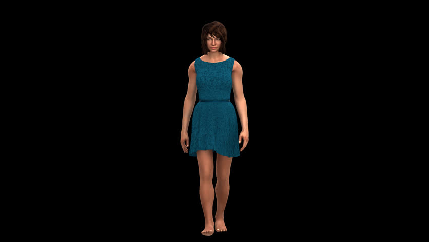 3D animation of a realistic human woman walking forward with isolated alpha channel.