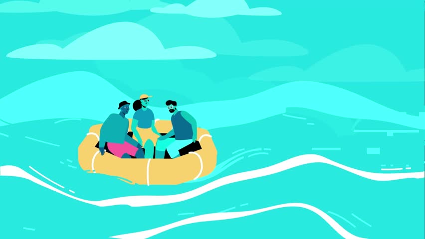 People Stranded on Water Tube Signaling Ship for Help – Rescue Concept Animation