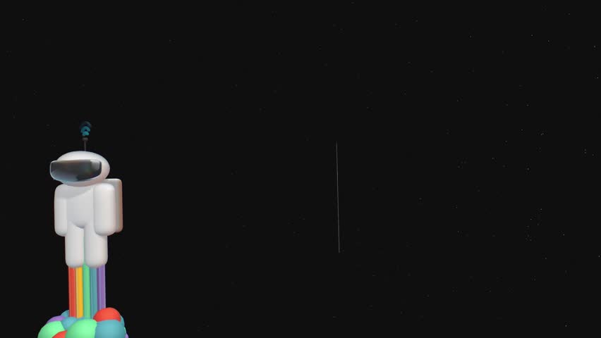 Astronaut character positioned on the left side of a dark starry space background featuring a colorful rainbow trail and a single vertical light beam in the center for minimalism