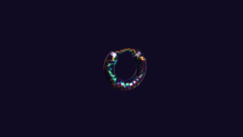 Miniature electrical ring with glowing neon energy waves floating in a vast dark space as a symbol for perpetual power and future technology innovation