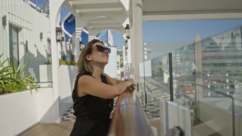 Young hispanic brunette woman wearing sunglasses holding a champagne glass while leaning on a wooden railing on a cruise terrace with ocean view and glass balustrade; relaxation vacation getaway.