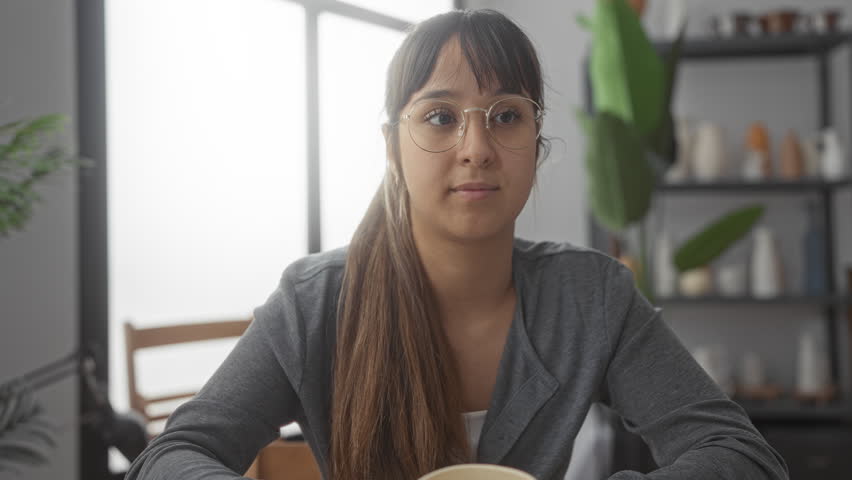Woman holding mug with both hands near window and shelf in a bright studio kitchen corner, wearing glasses and a gray cardigan; study break serenity.