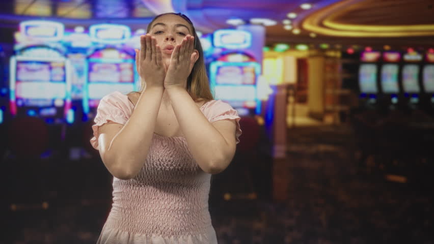 Woman blowing a kiss with cupped hands and smiling face in a casino by slot machines; joyful celebration.