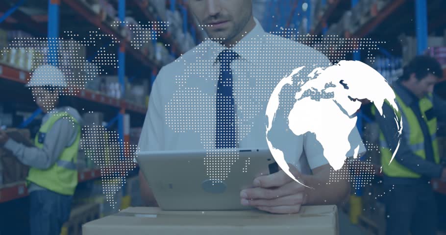 Shifting globe graphic, lead in white shirt, tie tapping tablet, scanning racks in depot for stock. Warehouse, inventory, supervisor, manager, shelving, barcode, logistics