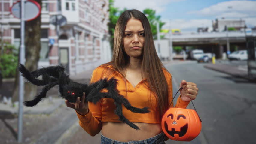 Woman holds a pumpkin bucket and a large fake spider in hand on street, wearing orange crop top and jeans, expression neutral and still; serious halloween.