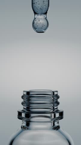Clear serum drops falling from a glass pipette into a cosmetic bottle in slow motion. Minimal skincare concept emphasizing purity, precision and premium beauty treatment. 3d render