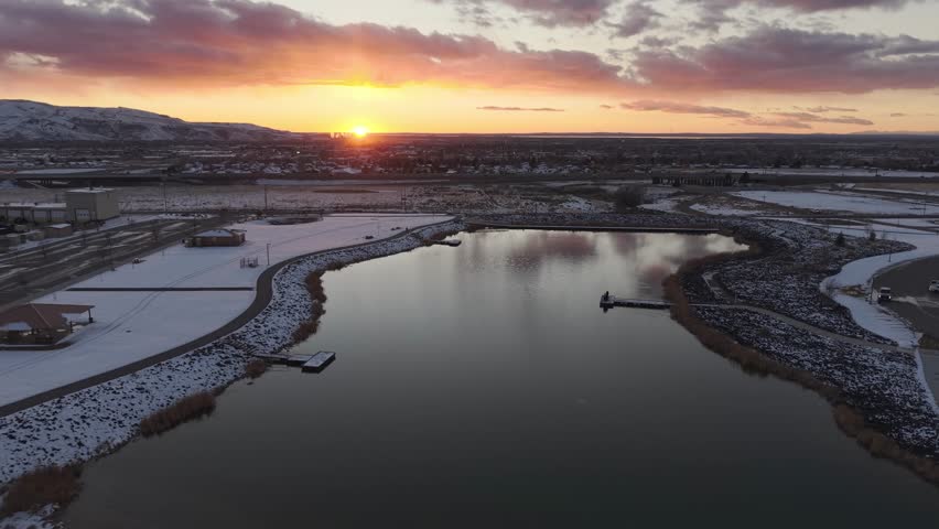 Flying above the Portneuf Wellness Complex in Pocatello, Idaho with drone at sunset. 