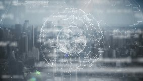 Node-based globe forming on aerial pan, rotating and pulsing over hazy skyline displaying city data. Holographic, wireframe, sphere, network, visualization, urban, panorama - Powered by Shutterstock - Get 15% off with code: PIKWIZARD15