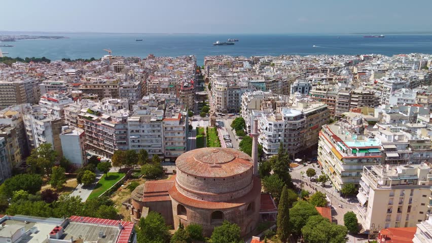 Panoramic aerial view of the Rotunda of Galerius with its minaret overlooking the city towards the sea in Thessaloniki, Greece