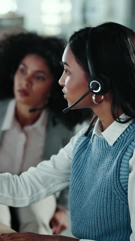 Call center, women and team with help, training or discussion with technical support. Collaboration, contact us and agent in office for customer care, IT hotline and advice for coaching with tech