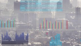 Live data updating, data panels moving over hazy skyline, showing finance charts for designers. Visualization, translucent, dashboard, cityscape, aerial, analytics, daylight - Powered by Shutterstock - Get 15% off with code: PIKWIZARD15