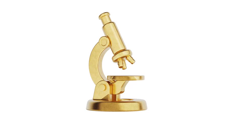 4k Resolution Video: Science And Education Concept With Cartoon Microscope Icon. Golden Stylized Microscope Seamless Looped Rotating On White Background With Alpha Matte
