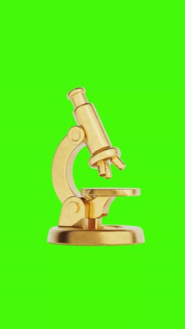 4k Resolution Vertical Video for Social Media: Science And Education Concept With Cartoon Microscope Icon. Golden Stylized Microscope Seamless Looped Rotating On Green Screen Chroma Key Background With Alpha Matte
