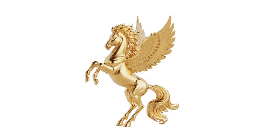 4k Resolution Video: Mythical Freedom And Power Symbol. Golden Winged Pegasus Rearing With Spread Wings Seamless Looped Rotating On White Background With Alpha Matte
