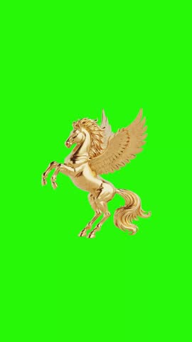 4k Resolution Vertical Video for Social Media: Mythical Freedom And Power Symbol. Golden Winged Pegasus Rearing With Spread Wings Seamless Looped Rotating On Green Screen Chroma Key Background With Alpha Matte
