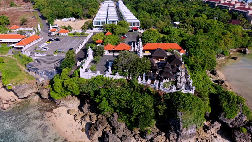 Aerial View of Geger Temple on a Coastal Cliff in Bali, Indonesia