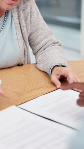 Signature, financial advisor and old woman in home, documents for mortgage and asset management. Business agent consulting with elderly client for insurance policy, writing or pension checklist