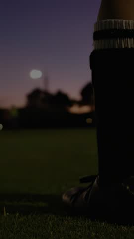 Vertical video: Glove bringing ball into view as keeper holding, sports HUD showing, preparing save. Twilight, outdoor, field, grass, athlete, goalie, vertical video
