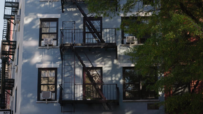 Urban apartment facade with black fire escape and windows behind green trees, classic New York City residential building exterior.